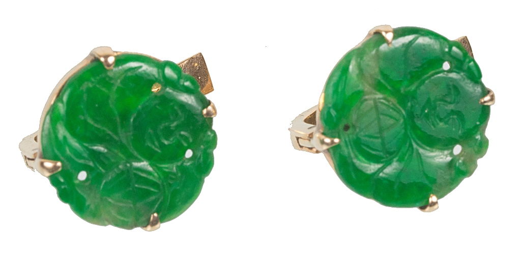 A Pair of 14k Gold and Jade Earrings with Carved Buddha Design