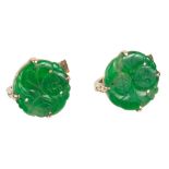 A Pair of 14k Gold and Jade Earrings with Carved Buddha Design