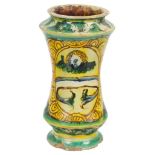 A 17th Century Maiolica Albarello Jar: With handpainted floral and leaf designs,