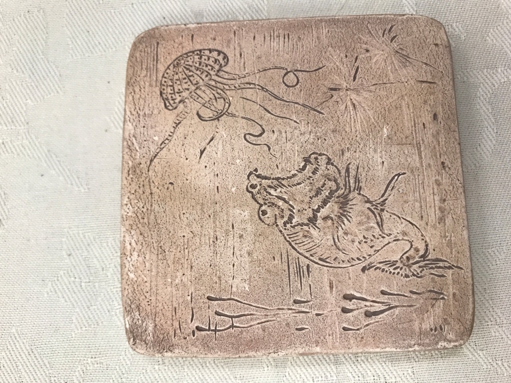 A Martin Brothers Tile: The top with incised fish designs, - Image 2 of 3