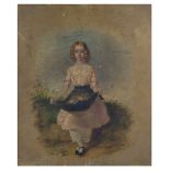 English School (19th century): Portrait of a girl with flowers in a landscape, oil on panel,