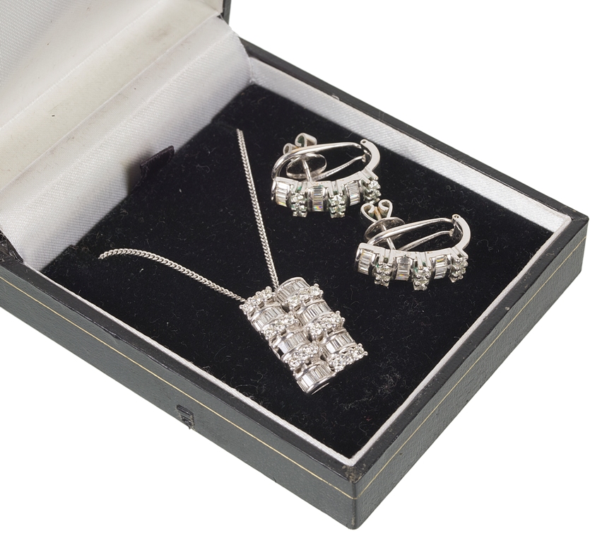 An Art Deco Style Pendant and Earring Set: Comprising baguette and brilliant cut diamonds set in