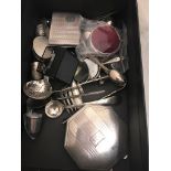 A box of HM silver to inc compact, spoon,