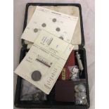 A box of silver coins, threepences, boxed silver 1910 -1935 Coronation coin, buttons,