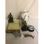 Brass items; together with a vase, stone bison, Princess Mary's gift book,