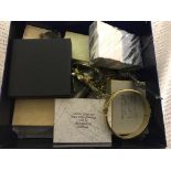 A box of costume jewellery to inc a gold pendant and chain, gold rings and a quantity of pendants,