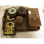 A quantity of treen and wooden items to inc string holders, barometer, mahogany tea caddy,