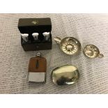 Two silver-plated wine tasters, miner's box,