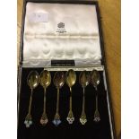 Cased gilded HM silver enamelled flower finial teaspoons