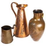 Three copper items to inc a copper ewer/pitcher, embossed with scrolling foliage,