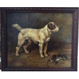 S W (19th/20th century): Portrait of a terrier with a dead rat, oil on board,