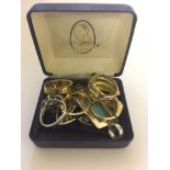 Five dress rings; together with a pair of diamond set earrings, a Mackintosh-style brooch, necklace,