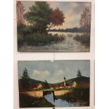 Two oils on canvas depicting river landscapes, one signed Heyer, the other signed indistinctly,