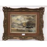 Follower of JMW Turner: A stormy shipping scene, oil on board,