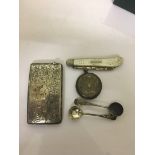 A HM silver card case; together with a fruit knife, spoons,