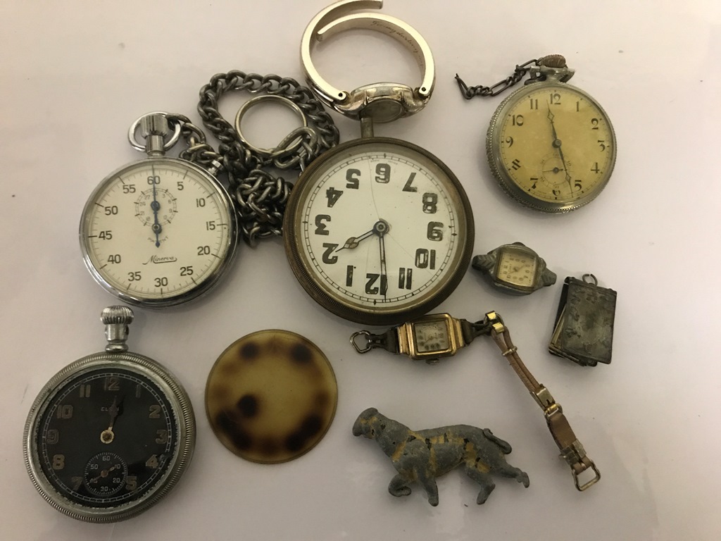 A box of pocket watches etc