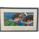 T P Wright (Cornish School): 'Black and orange superfly fish', oil on paper, signed lower right,