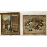 Two oils on canvas depicting a street scene and winter landscape, each signed,