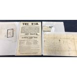 A quantity of military ephemera inc three letters, Crimean War poster,