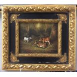 An oil on panel depicting cattle in a wooded landscape,