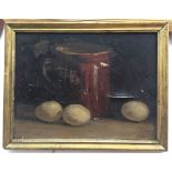 Continental School (19th century): Still life of eggs & jug, oil on canvas,