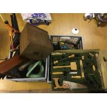 Two boxes of odds to inc binoculars, tennis racquets,