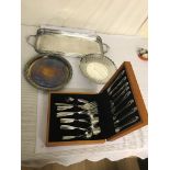 A cased cutlery set and silver-plated items