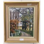 Nancy Hanna (20th century): 'November in West Lavington', rural landscape oil on canvas,