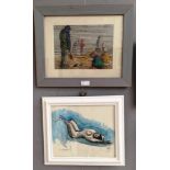 Two pictures to inc a beach scene, pastel, and reclining nude watercolour study,