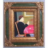 An oil on panel depicting a man playing cards in the style of Fernando Botero, signed 'Vega',