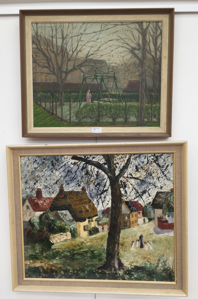 A pair of oils on board depicting street scenes with trees,