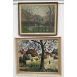 A pair of oils on board depicting street scenes with trees,