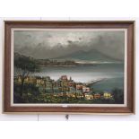An oil on canvas depicting an Italian port scene, possibly with Mount Etna beyond,