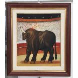 An oil on canvas depicting a study of a bull in an arena,