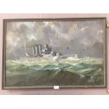 Study of a warship on high seas, oil on canvas laid on board, indistinctly signed lower right,