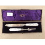 A cased HM silver and mother-of-pearl knife and fork