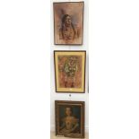 Three portraits to inc an oil on canvas study of a Red Indian and a chalk study of a clown,