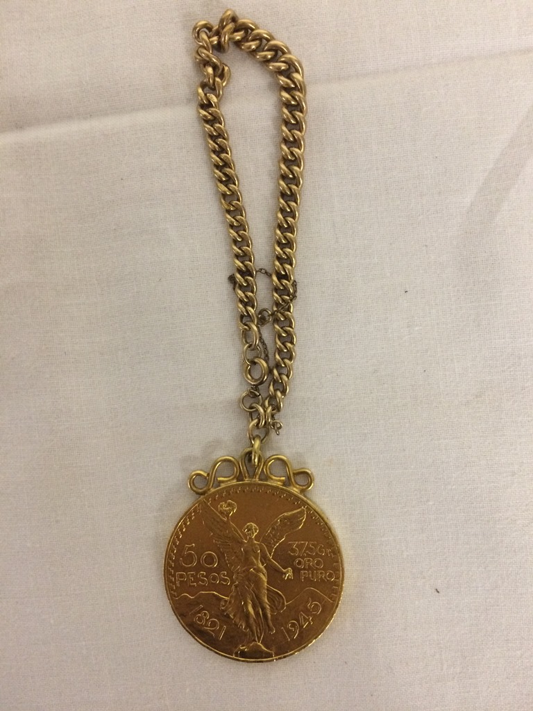 1821-1945 50 Peso Mexican coin on gold bracelet