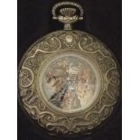 A Franklin Mint silver ornate half hunter pocket watch with hunting scene