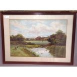 George Oyston (1861-1937): A river landscape with sheep, watercolour, signed,