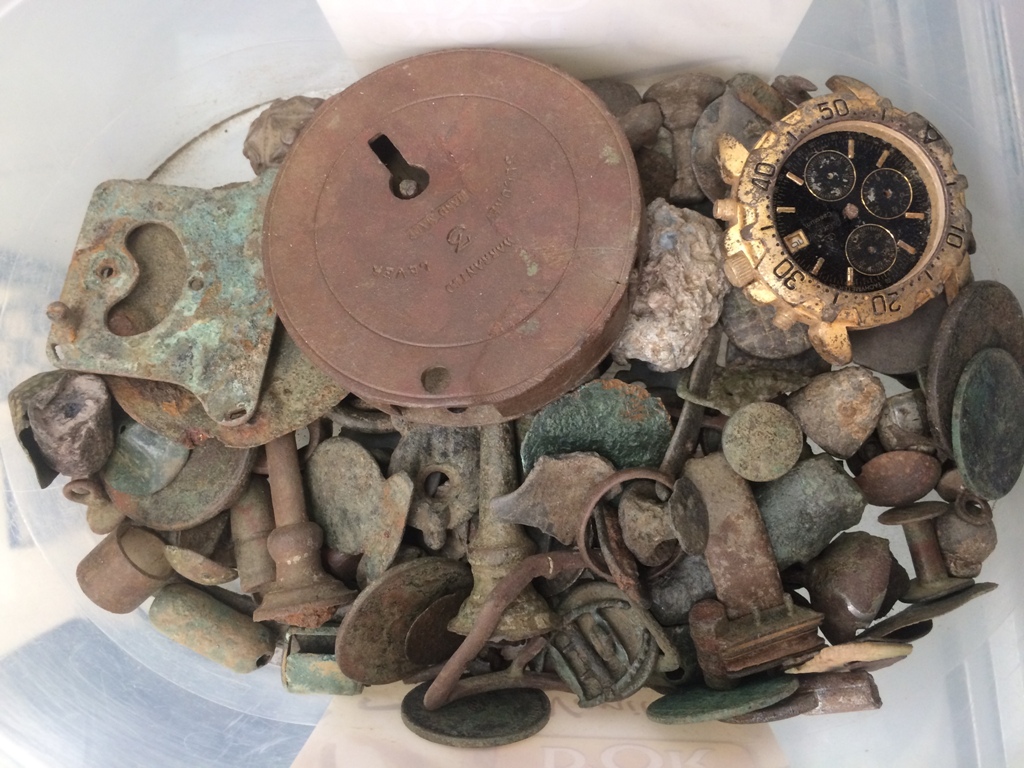 A box of detector finds: coins etc