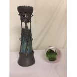 A Juventa Loetz-style period Art Nouveau Pewter and glass floral vase (top glass missing which is