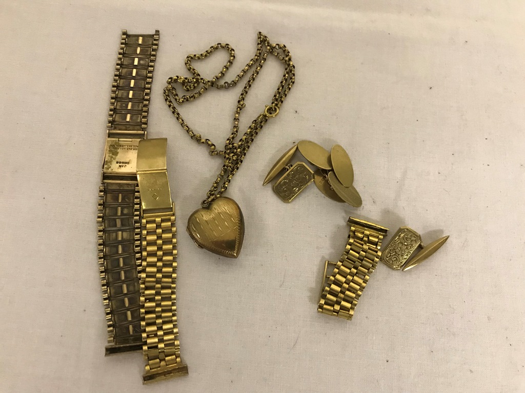 A quantity of 9ct gold to inc watch straps, locket, cuff links etc.