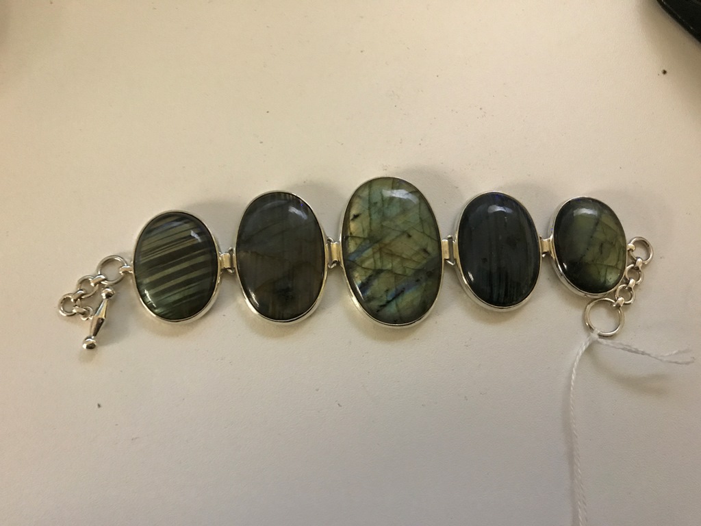 A silver and labradorite bracelet