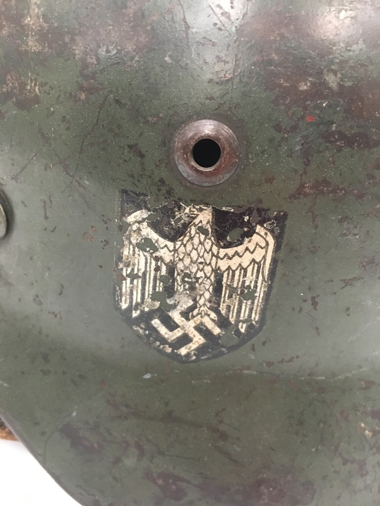 WWII German ET 62 Double Decal Police/Army Tin Helmet,original liner and strap.numbered 4582. - Image 7 of 11
