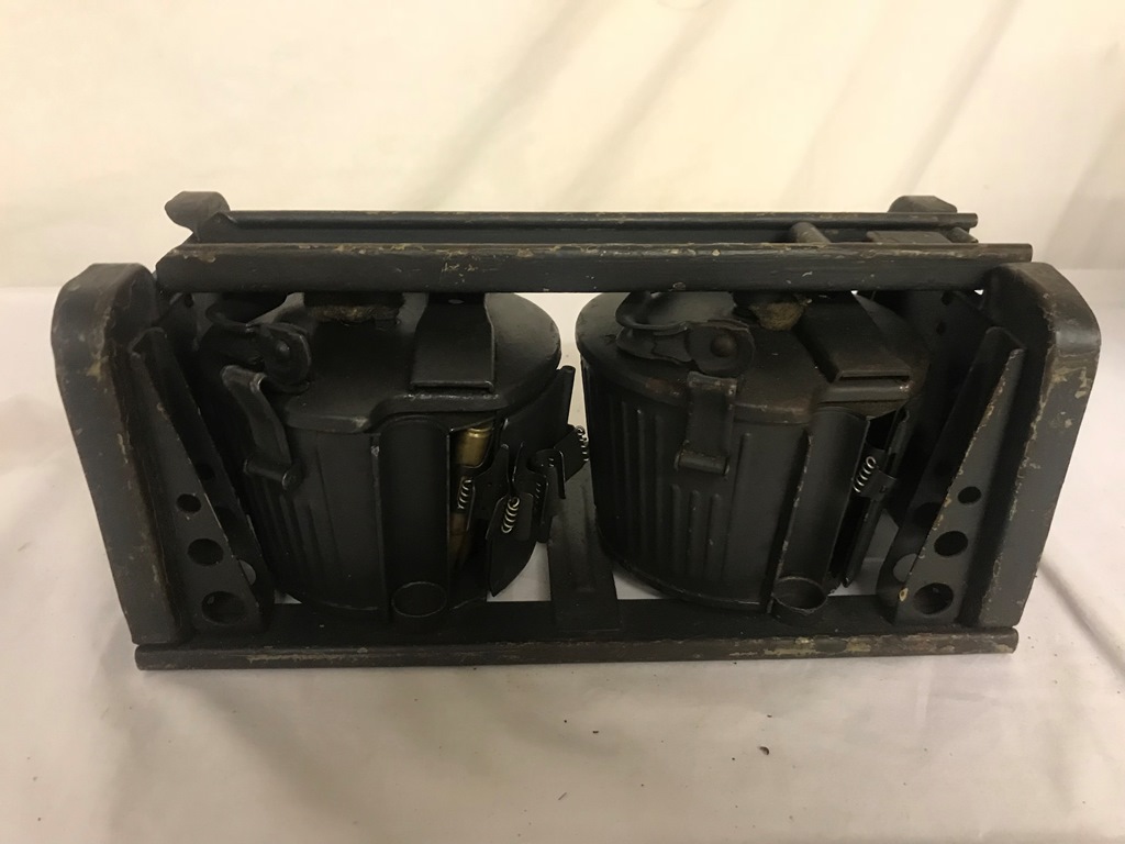 WWII German Two Drum Magazines for MG34/MG42 in metal carry case, complete with bullets and link.