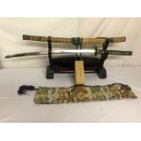 Early 20th C Hand made Katana, with Sukachi Tsuba, and Stand, oil/Sharpening kit and silk sword bag.