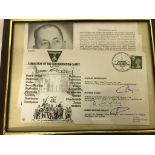 Framed and glazed FDC of Liberation of Concentration Camps signed by Three former P.O.W.