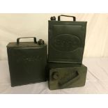 Vintage screw cap petrol cans painted in Drab Olive ,WD stamped to one, the others Esso and BP.