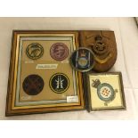 Framed Polish Special Forces badges, R.A.F. car mascot and carved R.A.F.